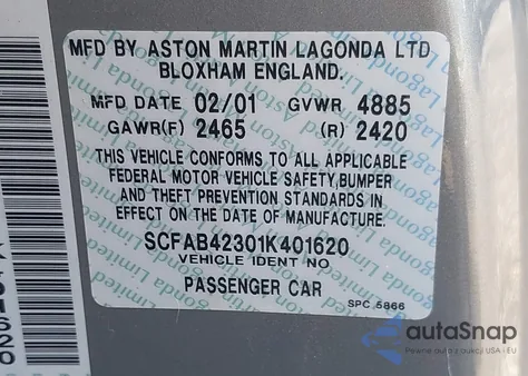 2001 Aston Martin Db7 Vantage z USA, uszkodzony, nr VIN SCFAB42301K401620